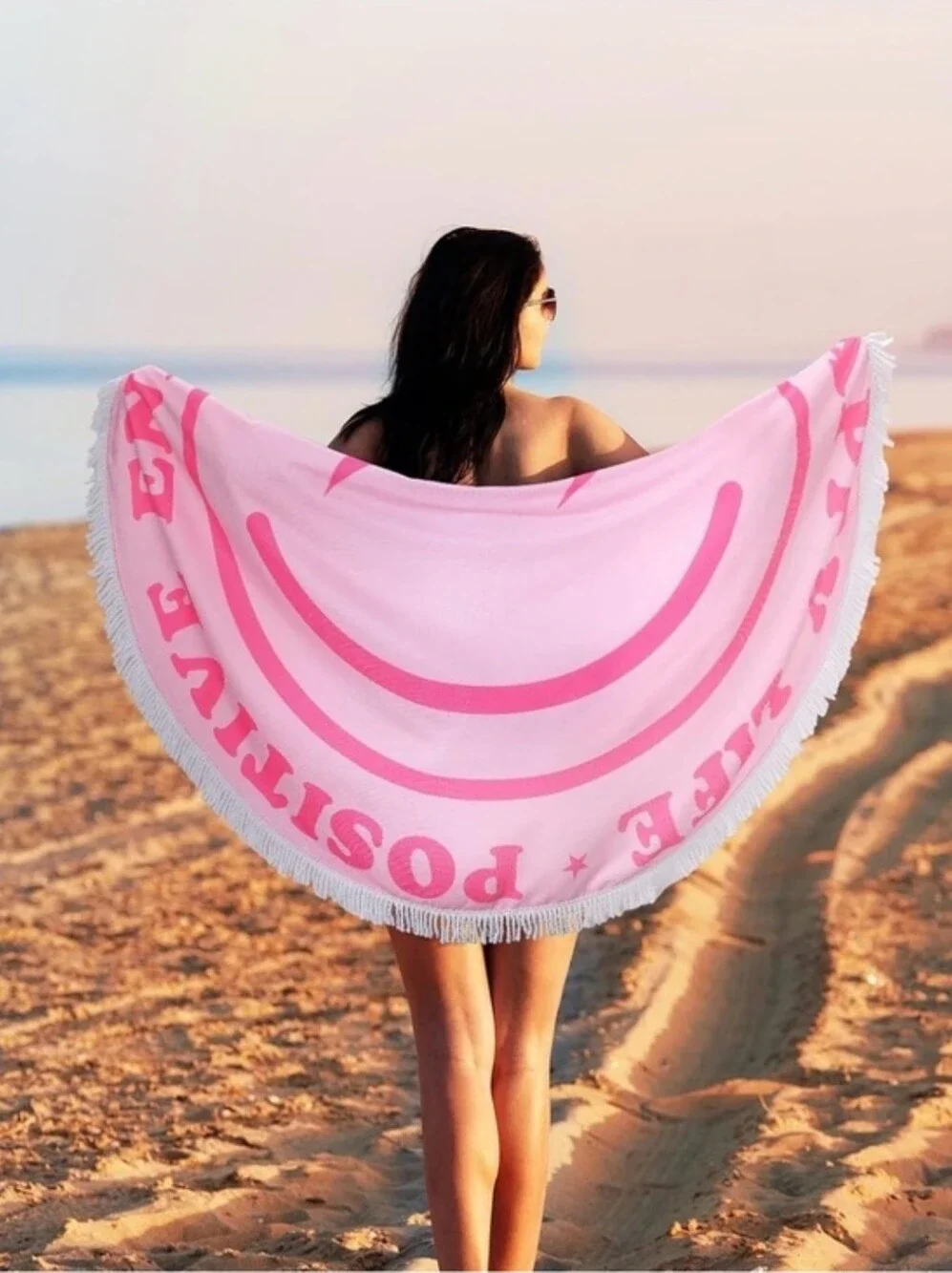 Round Smiley Beach Towel with Fringe - Positive Energy Inspo message